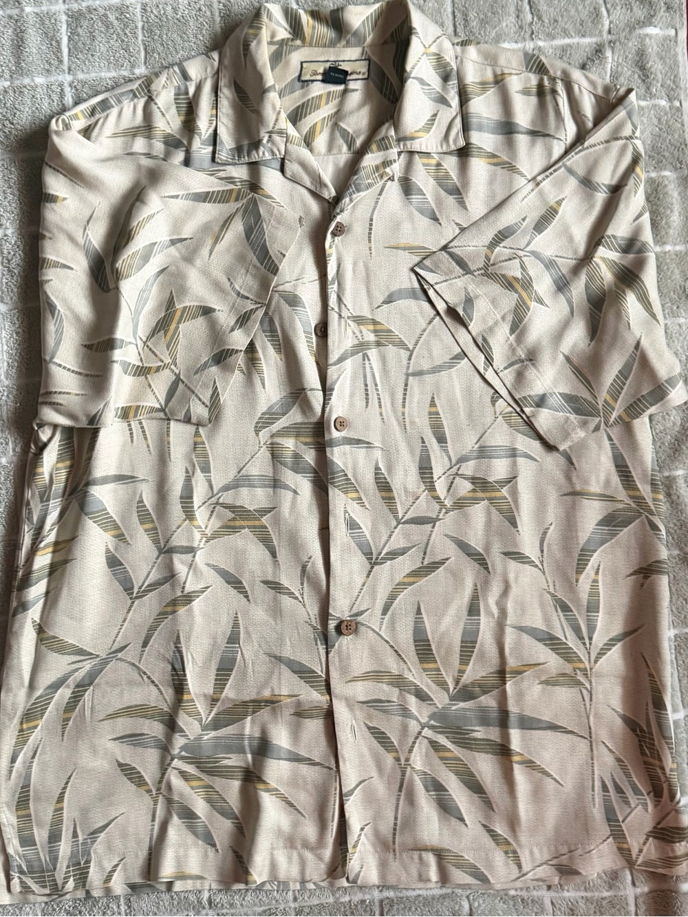 Tommy Bahama Cream Short-Sleeve Camp Shirt with Gray and Tan Leaf Print